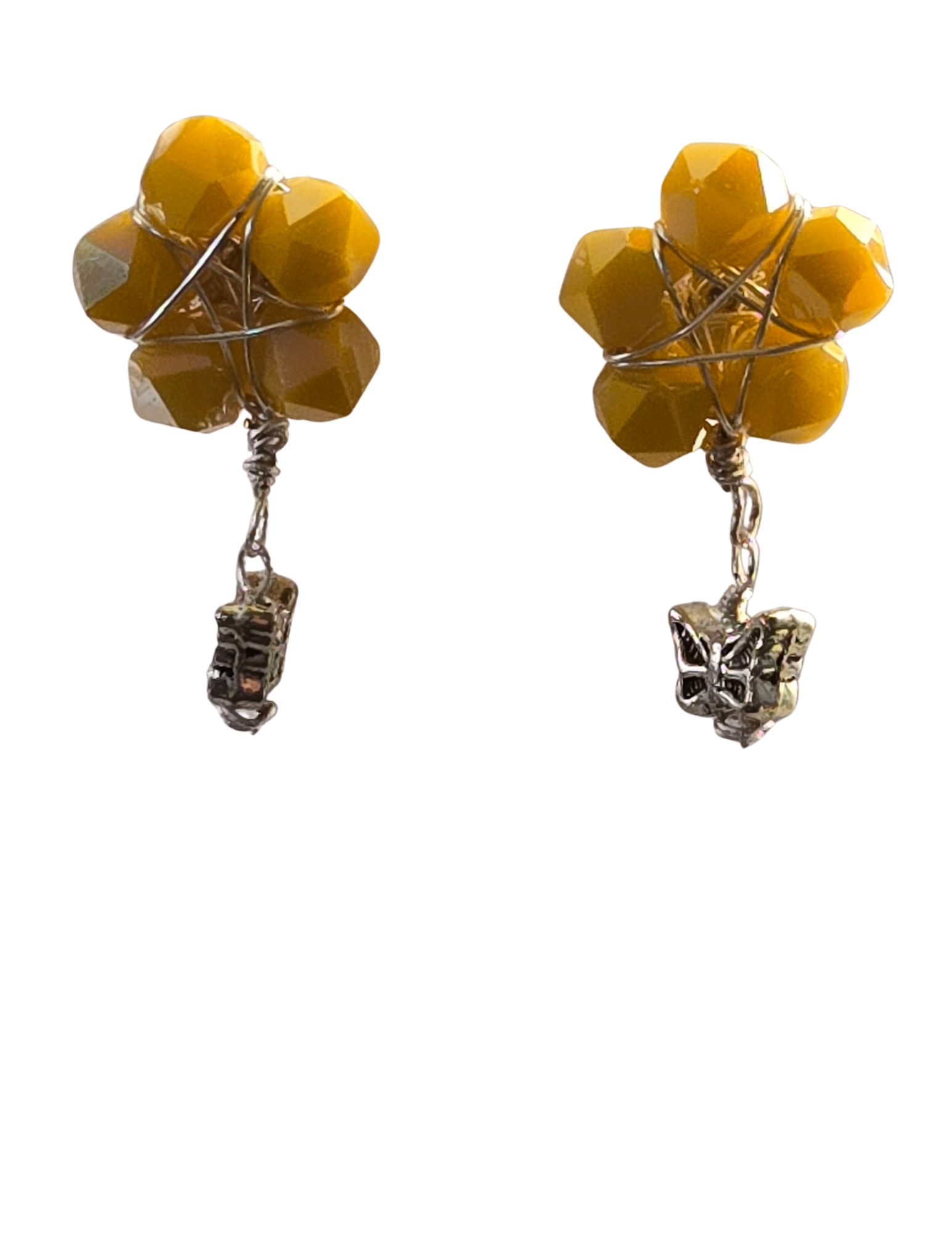 Yellow Star Wire Wrapped Bead & Silver Butterfly Dangle Stud Earrings – Handcrafted Whimsical Drops