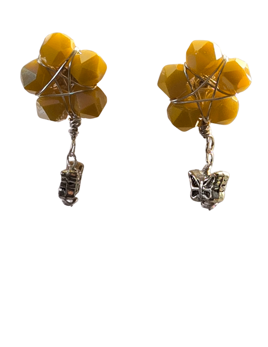 Yellow Star Wire Wrapped Bead & Silver Butterfly Dangle Stud Earrings – Handcrafted Whimsical Drops