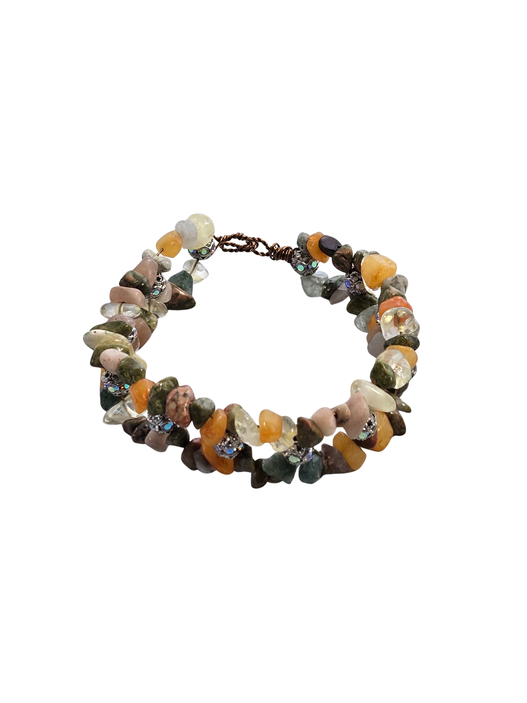 Gemstone Chip Bead & Rhinestone Filigree Bracelet