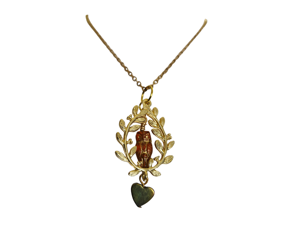 Gold Leaf & Brown Glass Owl Necklace – 16" Chain with Purple Heart Accent