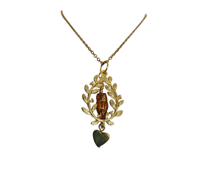 Collar de Búho de Cristal Marrón y Hoja de Oro – Cadena de 40.64 cm con Detalle de Corazón Púrpura