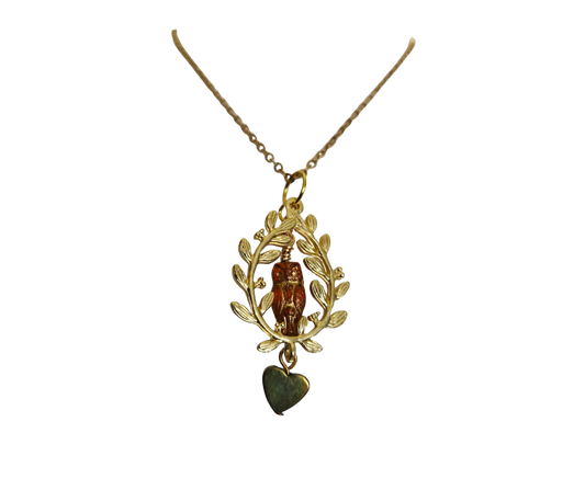 Gold Leaf & Brown Glass Owl Necklace – 16" Chain with Purple Heart Accent