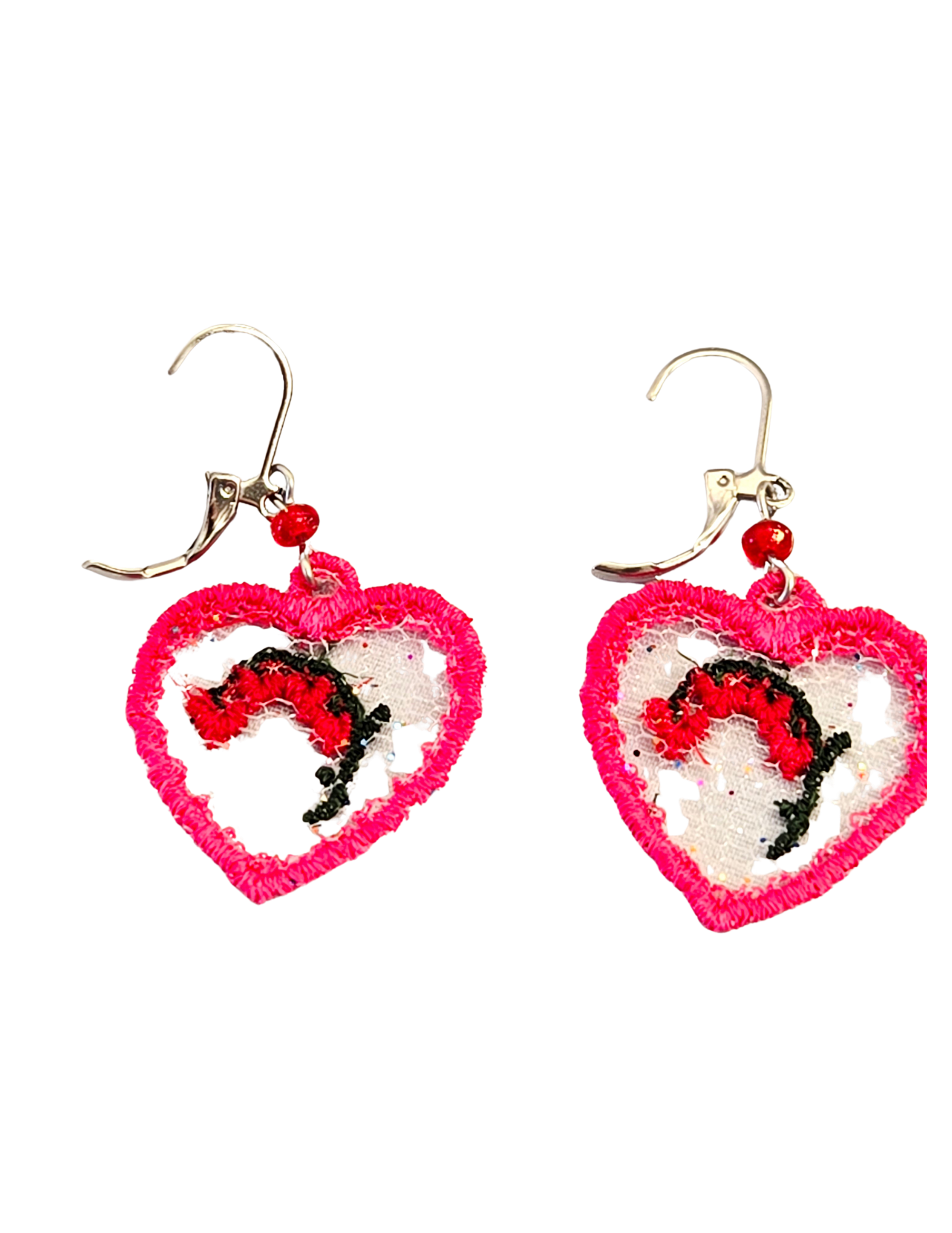 Bleeding Heart Flower Embroidered Earrings – Heart-Shaped Botanical Drop Earrings