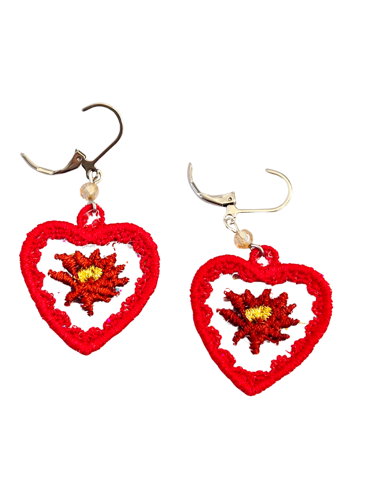 Pendientes bordados con forma de corazón de flor de Pascua – Pendientes colgantes festivos rojos y dorados para las fiestas