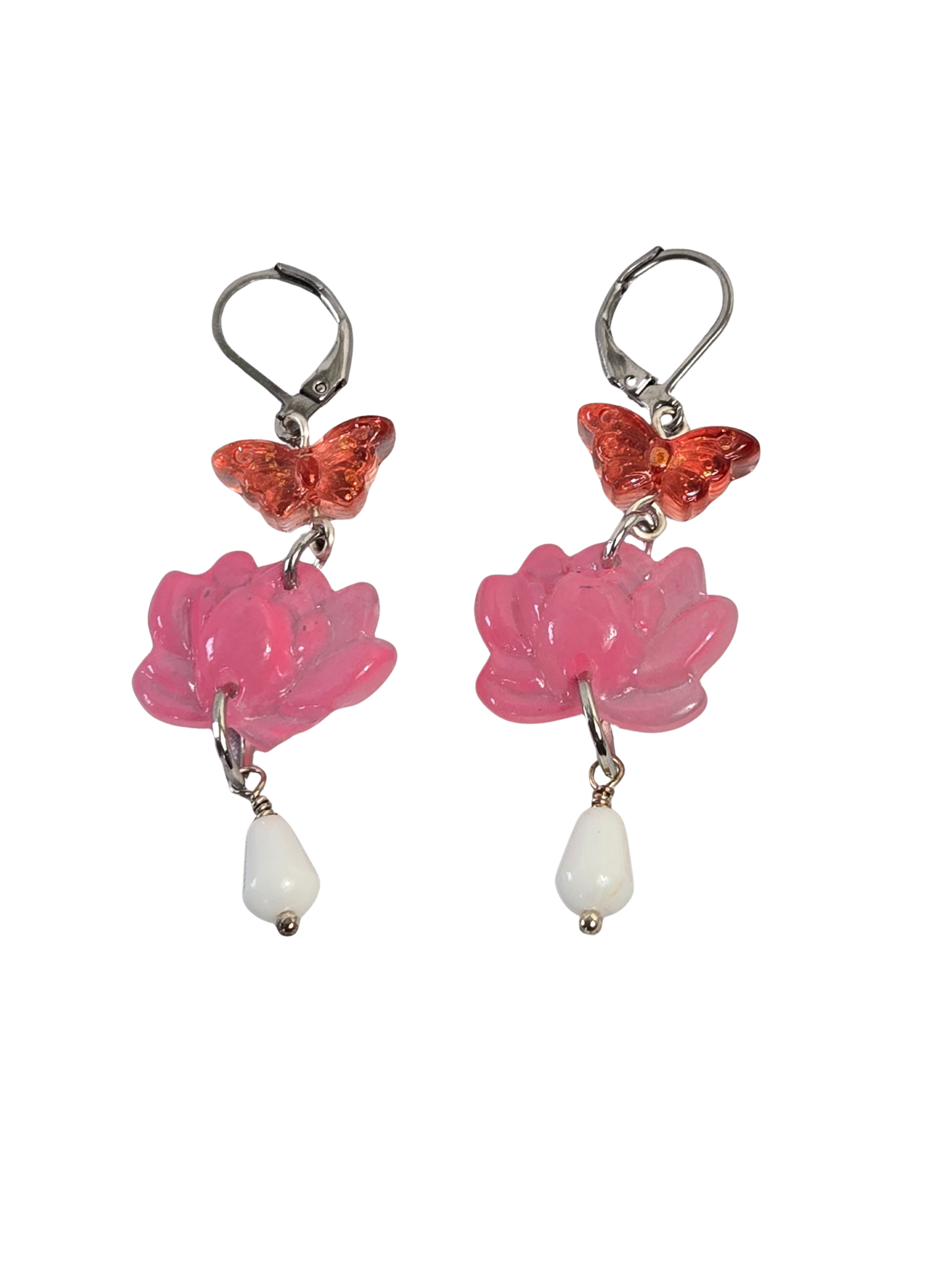 Butterfly & Pink Lotus Drop Earrings