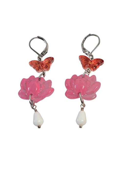 Butterfly & Pink Lotus Drop Earrings