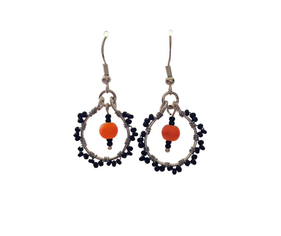 Orange & Black Seed Bead Hoop Earrings