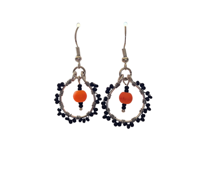 Orange & Black Seed Bead Hoop Earrings