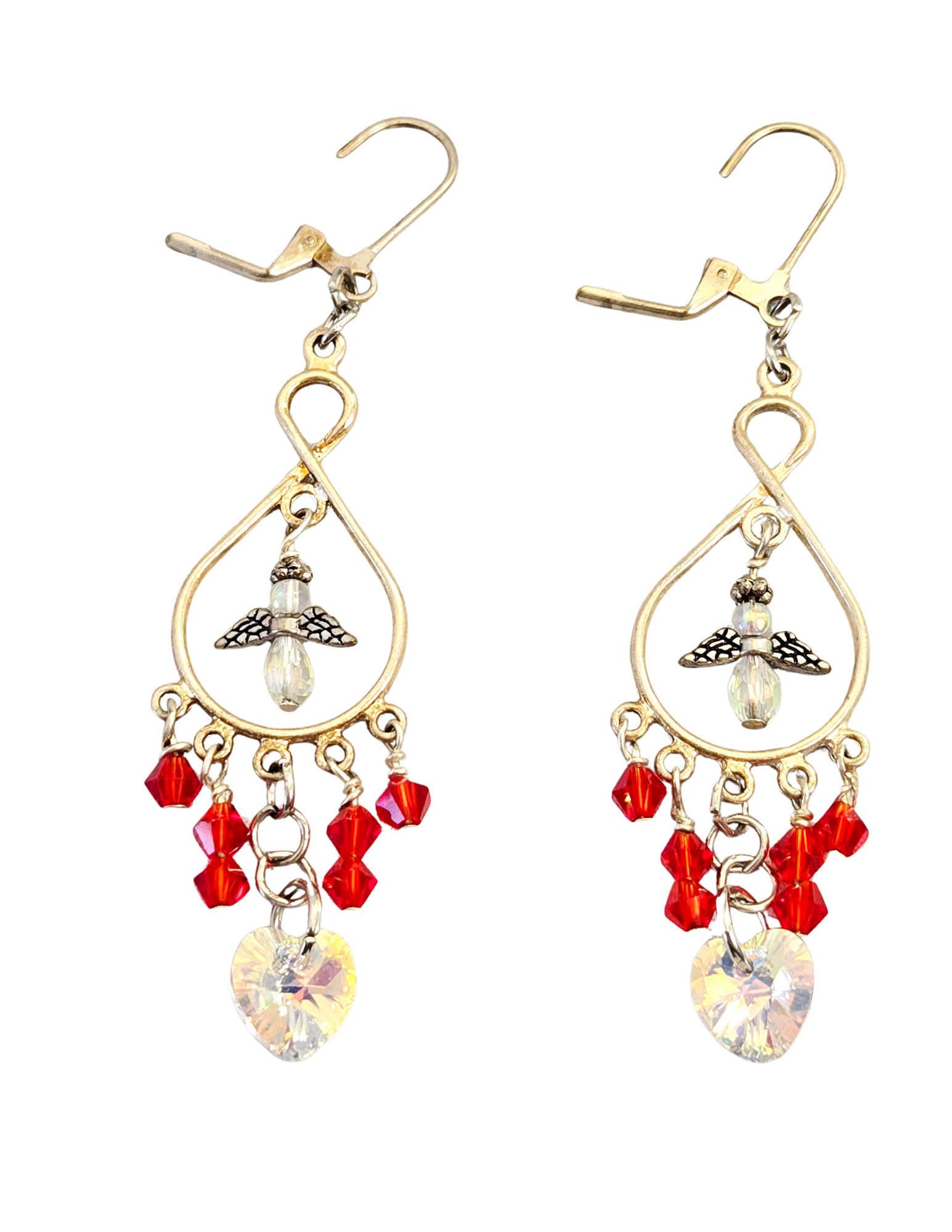 Angel & AB Crystal Heart Dangle Earrings – Silver Teardrop Handcrafted Boho Drops