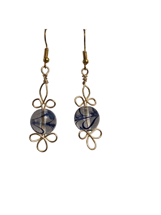 Blue Swirl & Gold Wire Wrapped Glass Drop Earrings
