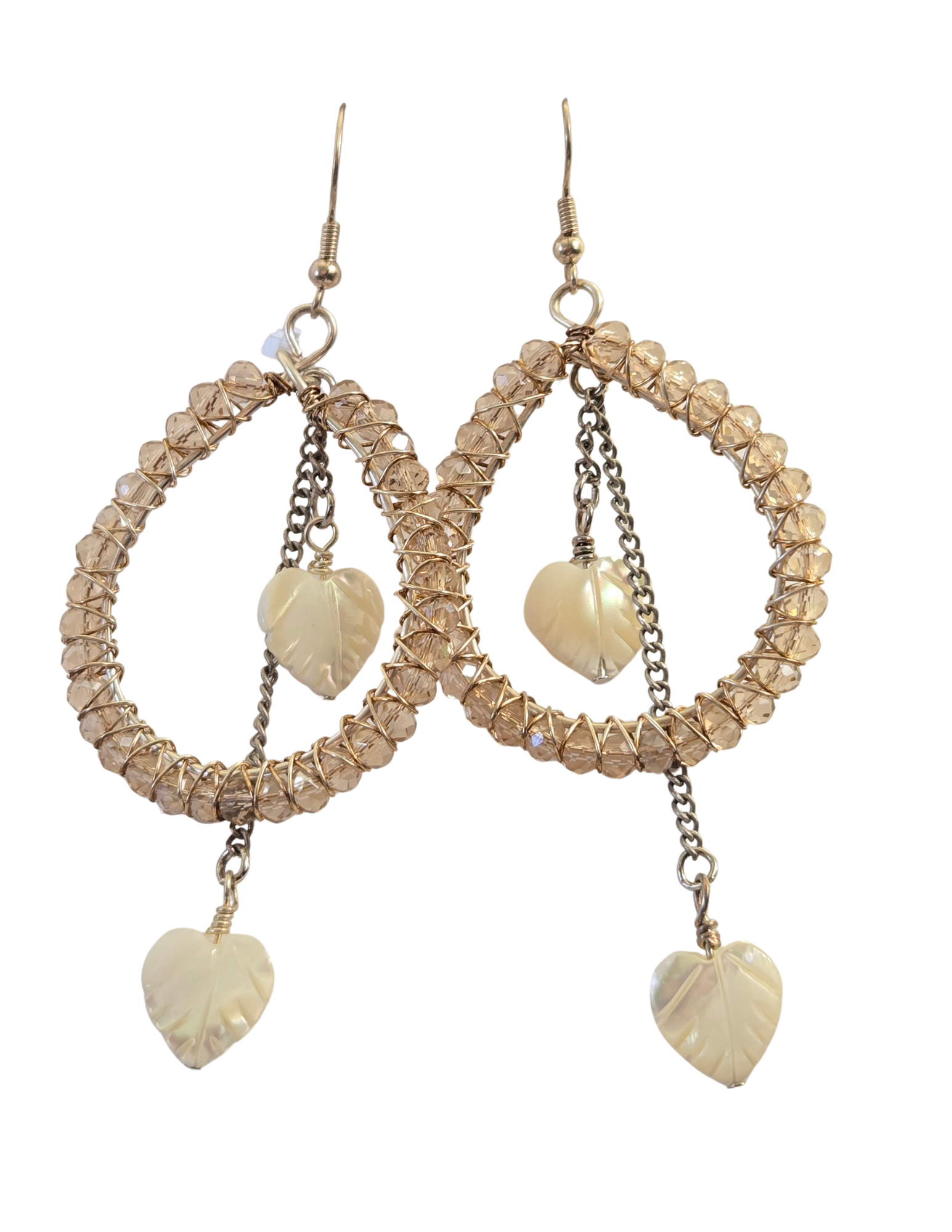 Crystal & Shell Heart Leaf Teardrop Wire Earrings – Handcrafted Boho Dangle Drops