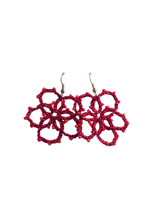 Pink Tatted Flower & Red Fire Polish Bead Drop Earrings