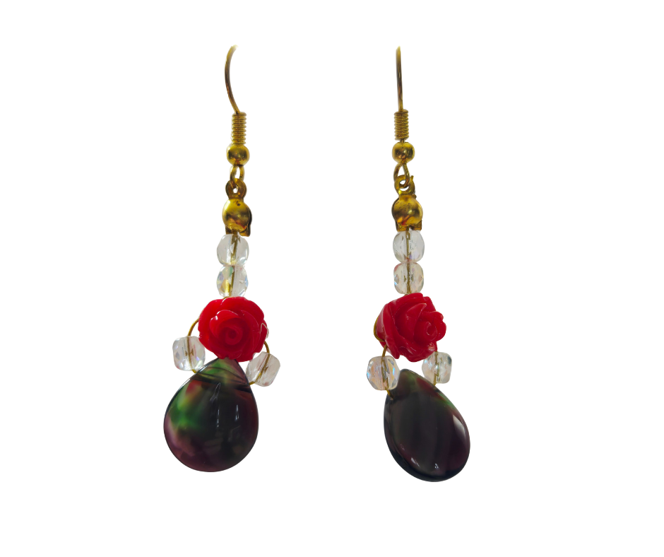 Purple Swirl & Rose Crystal Drop Earrings