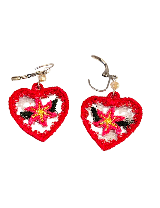 Pendientes bordados florales en forma de corazón – Pendientes colgantes de flores hechos a mano