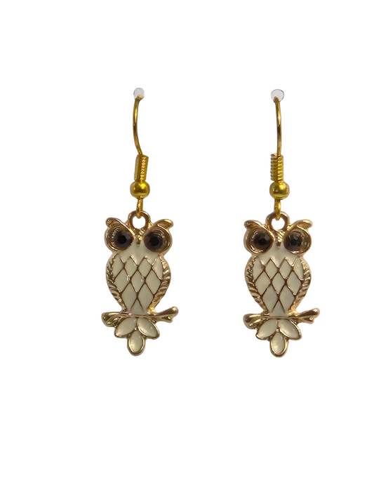 White Enameled Owl Drop Earrings