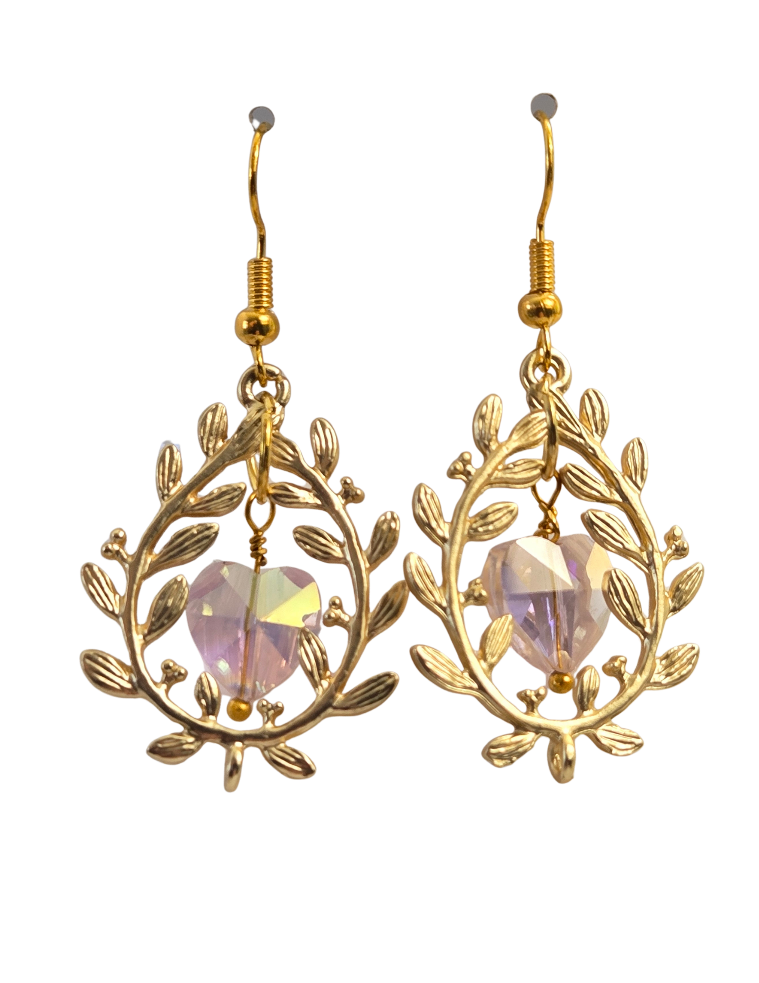 Gold Leafy Teardrop & Crystal Heart Dangle Earrings – Handmade