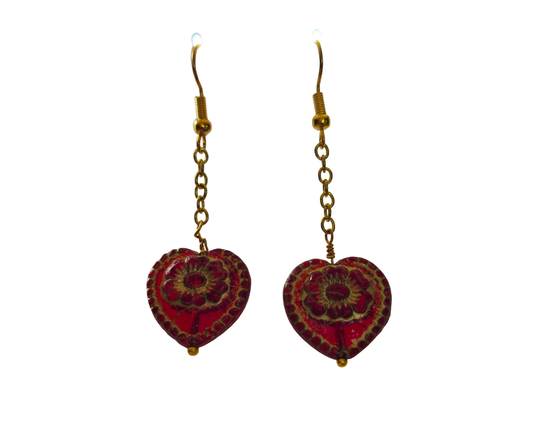 Gold Wash Heart & Flower Dangle Earrings