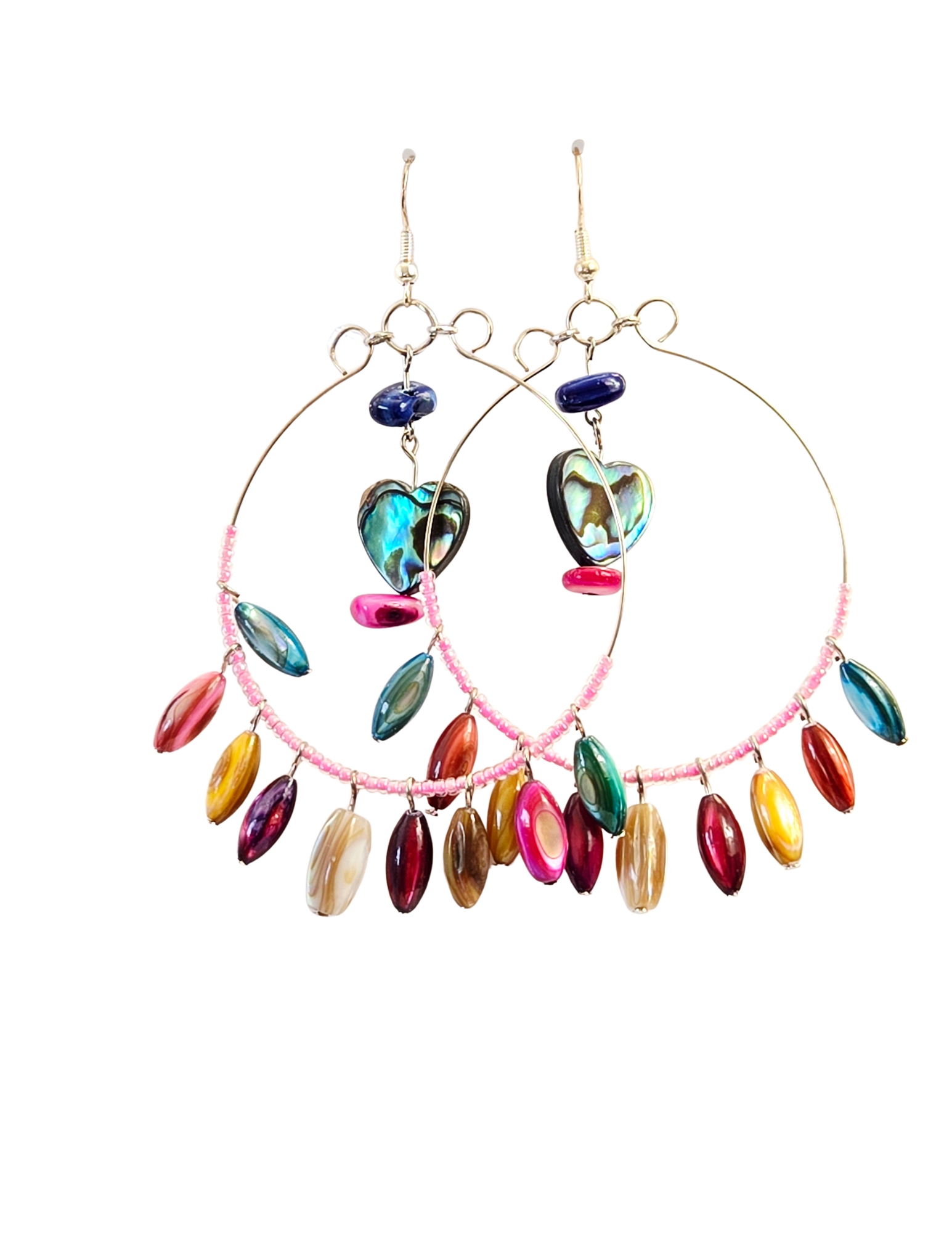 Abalone Heart & Shell Bead Large Hoop Earrings – Handmade Silver