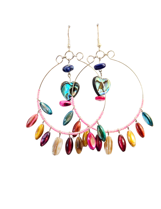 Pendientes de Aro Grandes con Corazón y Cuentas de Concha de Oreja de Mar – Plata Hechos a Mano