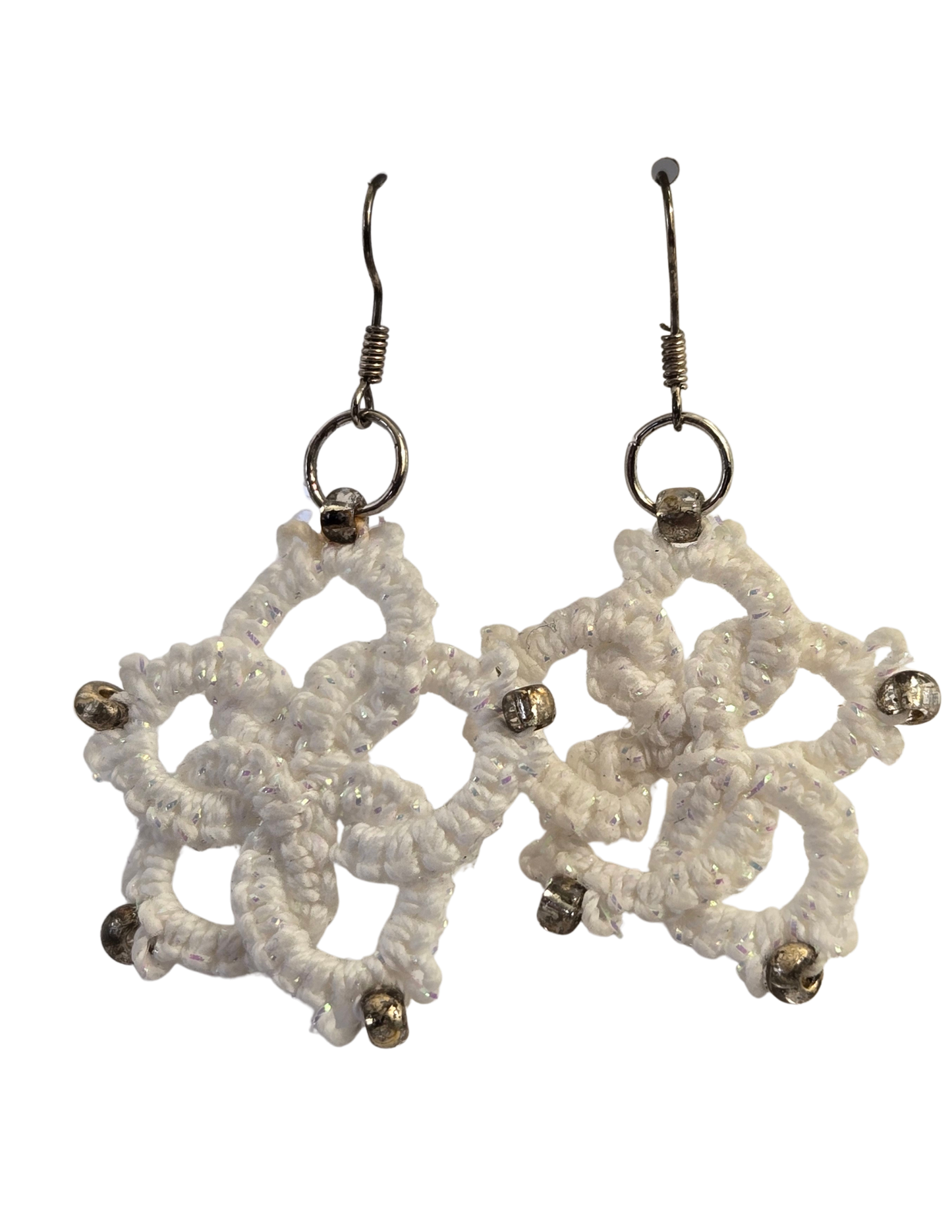Sparkle White Hand Tatted Dangle Earrings – Silver Seed Beads, Handmade
