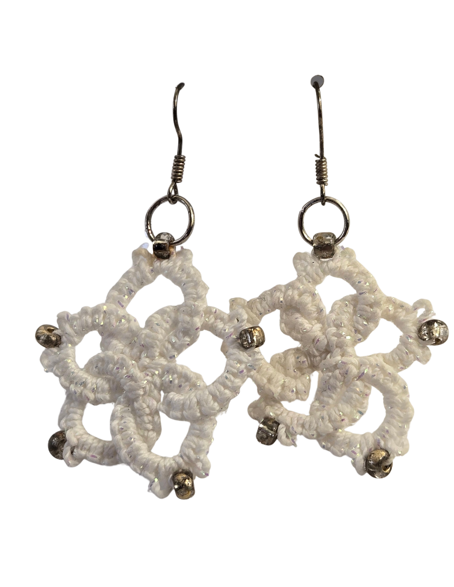 Sparkle White Hand Tatted Dangle Earrings – Silver Seed Beads, Handmade