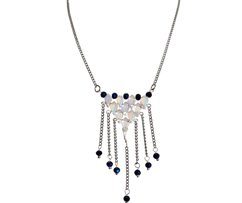 AB Crystal & Dark Blue Rondel Glass Bead Necklace – 16" Silver Chain