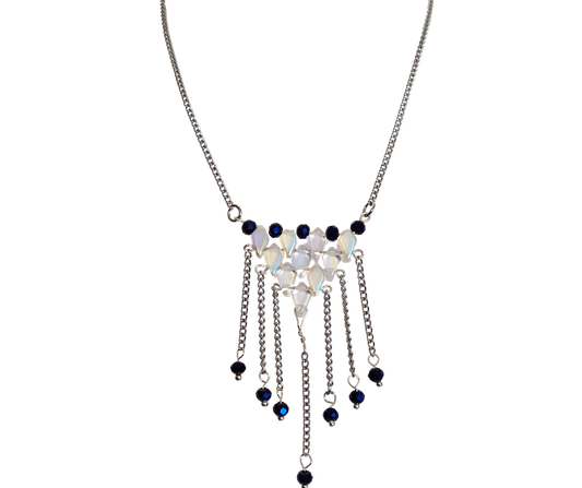 AB Crystal & Dark Blue Rondel Glass Bead Necklace – 16" Silver Chain