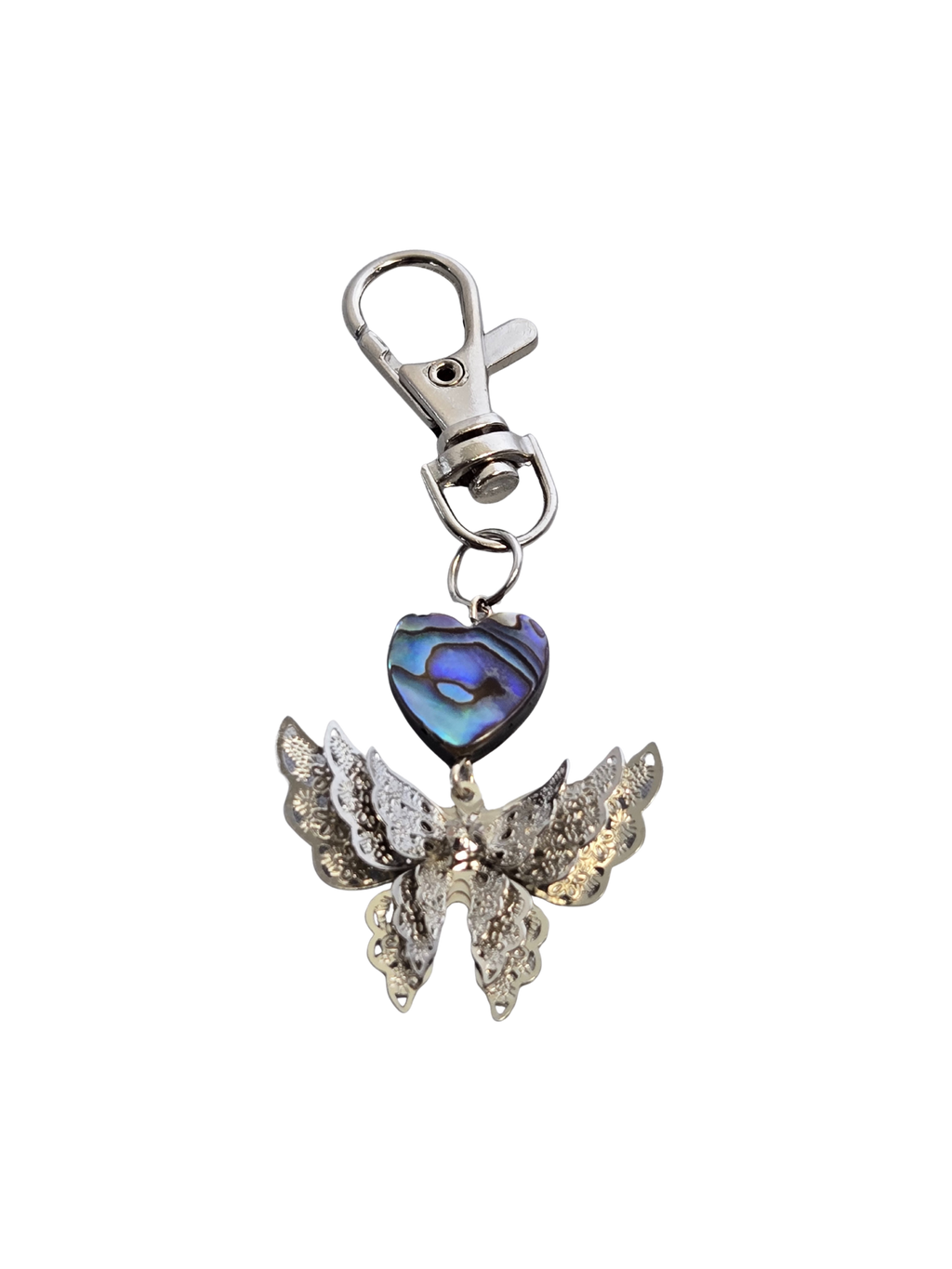 Butterfly Purse Charm – Abalone Heart & 3D Butterfly Bag Dangle