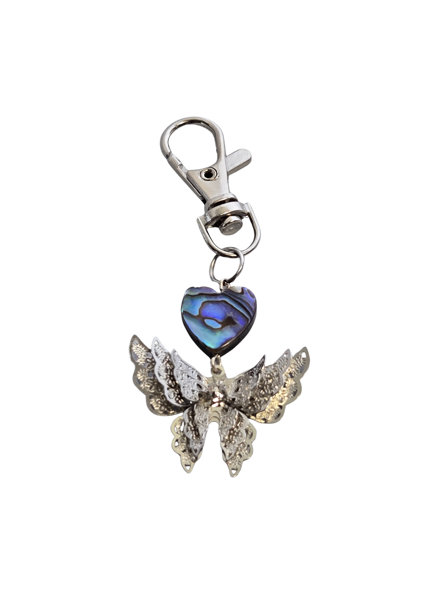 Butterfly Purse Charm – Abalone Heart & 3D Butterfly Bag Dangle