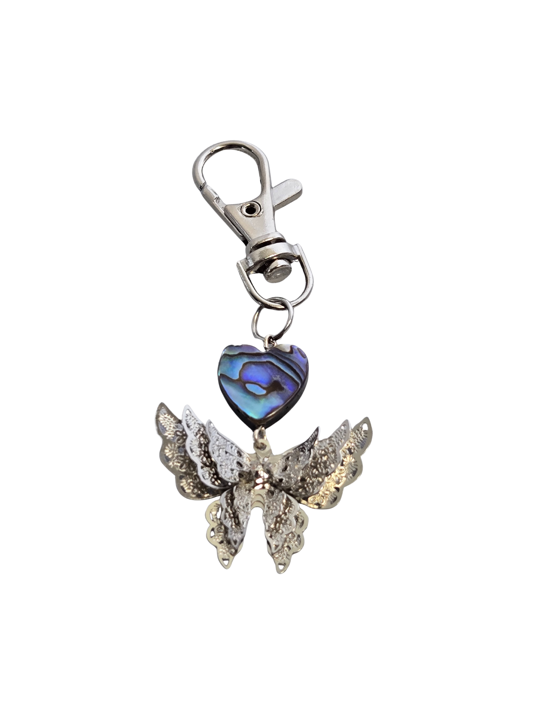 Butterfly Purse Charm – Abalone Heart & 3D Butterfly Bag Dangle