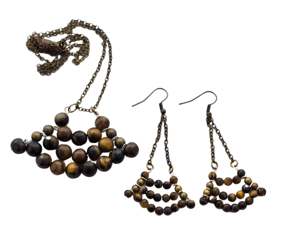 Tiger Eye & Brass Chain Necklace and Earring Set