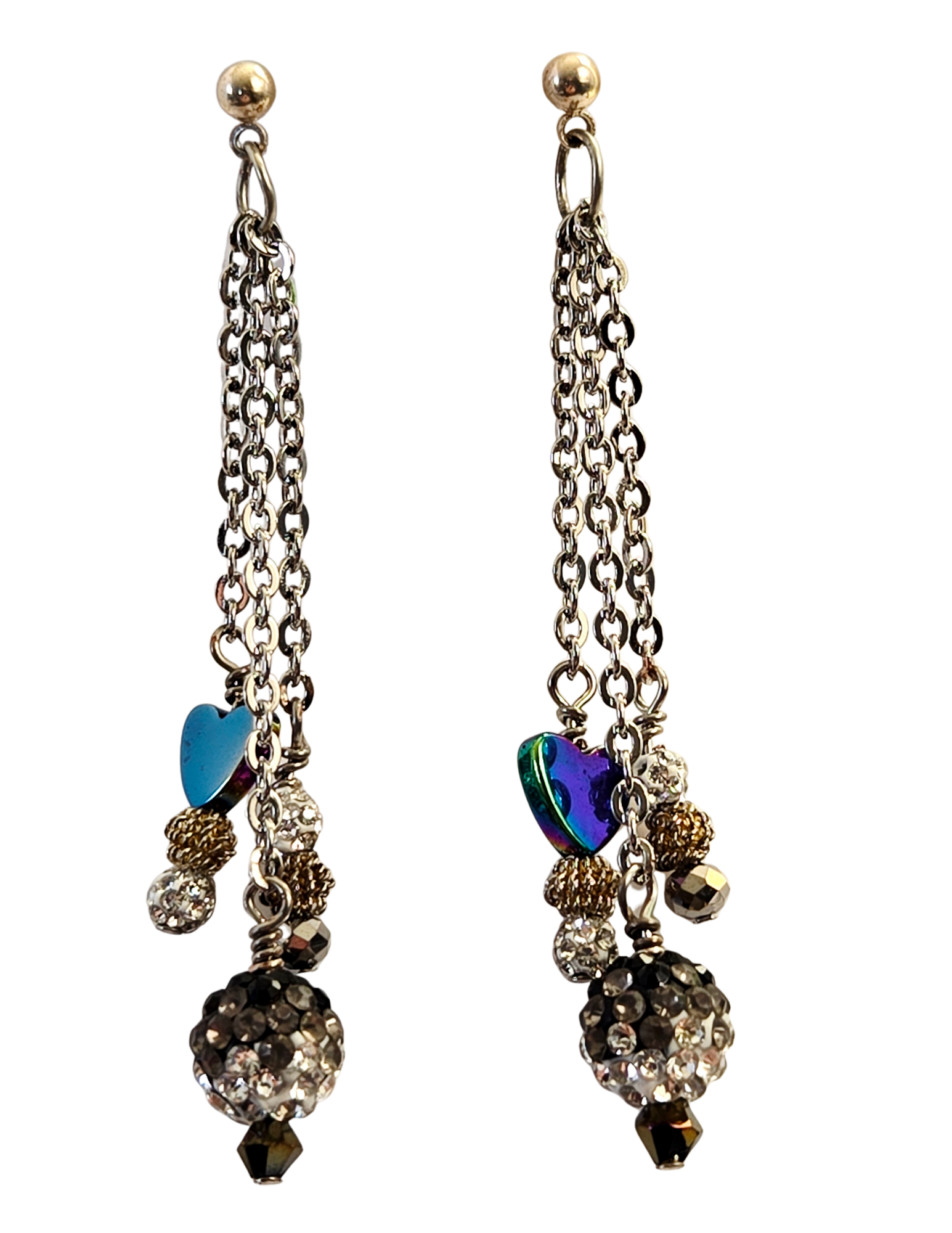 Hematite Heart & Sparkly Bead Silver Chain Dangle Earrings