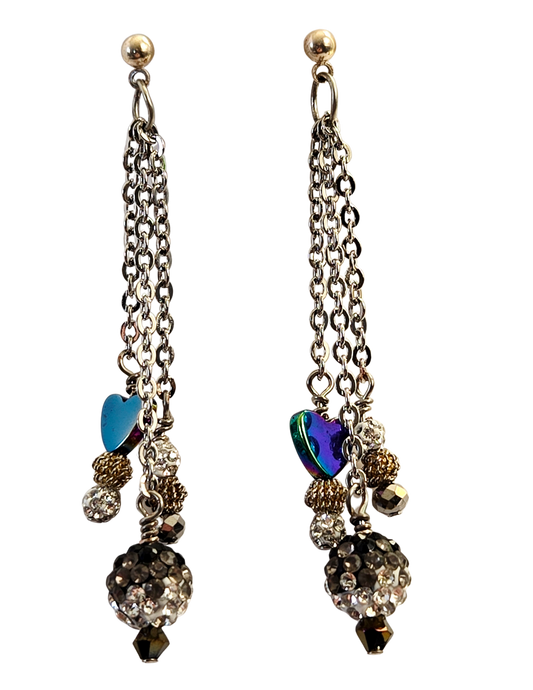 Hematite Heart & Sparkly Bead Silver Chain Dangle Earrings