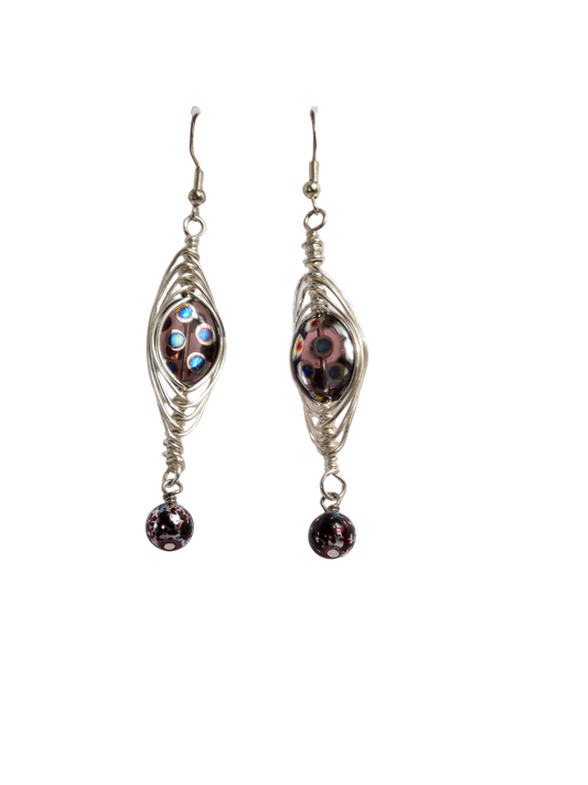 Purple Dotted Disc Herringbone Wrap Earrings