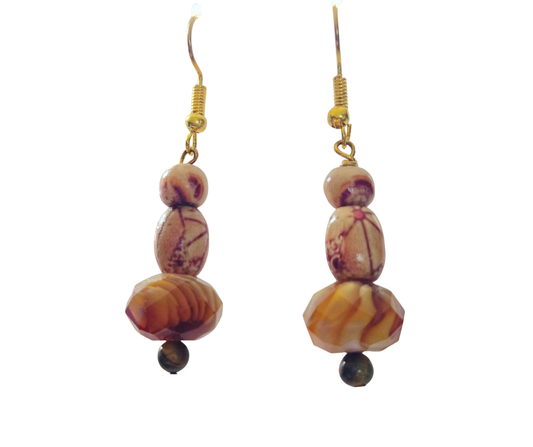 Brown Wood & Swirl Glass Bead Dangle Earrings