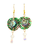 Abalone Heart Herringbone Seed Bead & Crystal Dangle Earrings