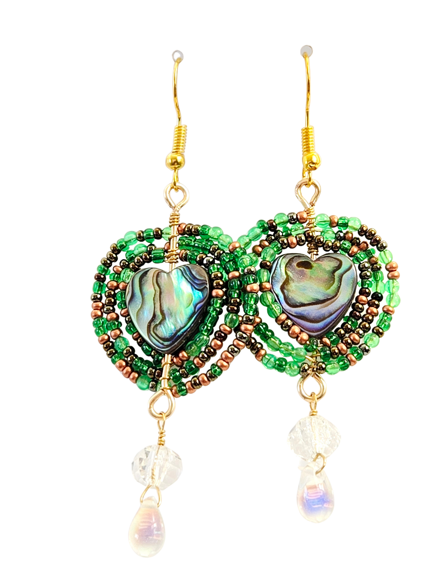 Abalone Heart Herringbone Seed Bead & Crystal Dangle Earrings