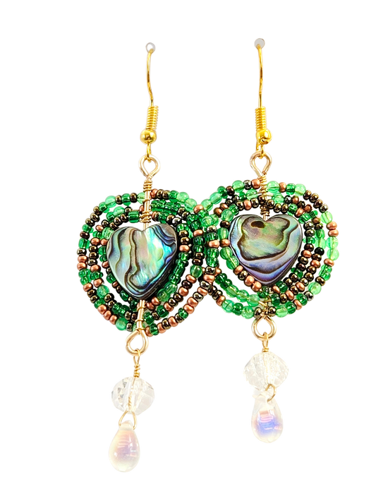 Pendientes colgantes de cuentas y cristal con diseño de espiga de corazón de abulón
