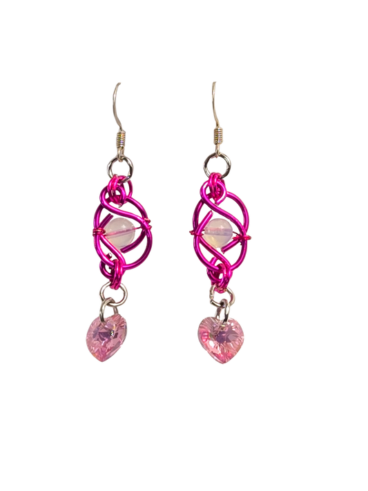 Pink Wire & Moonstone Heart Drop Earrings