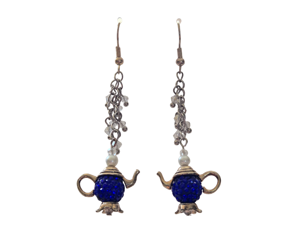 Blue Sparkly Teapot Dangle Earrings
