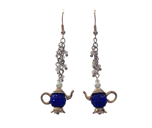 Blue Sparkly Teapot Dangle Earrings
