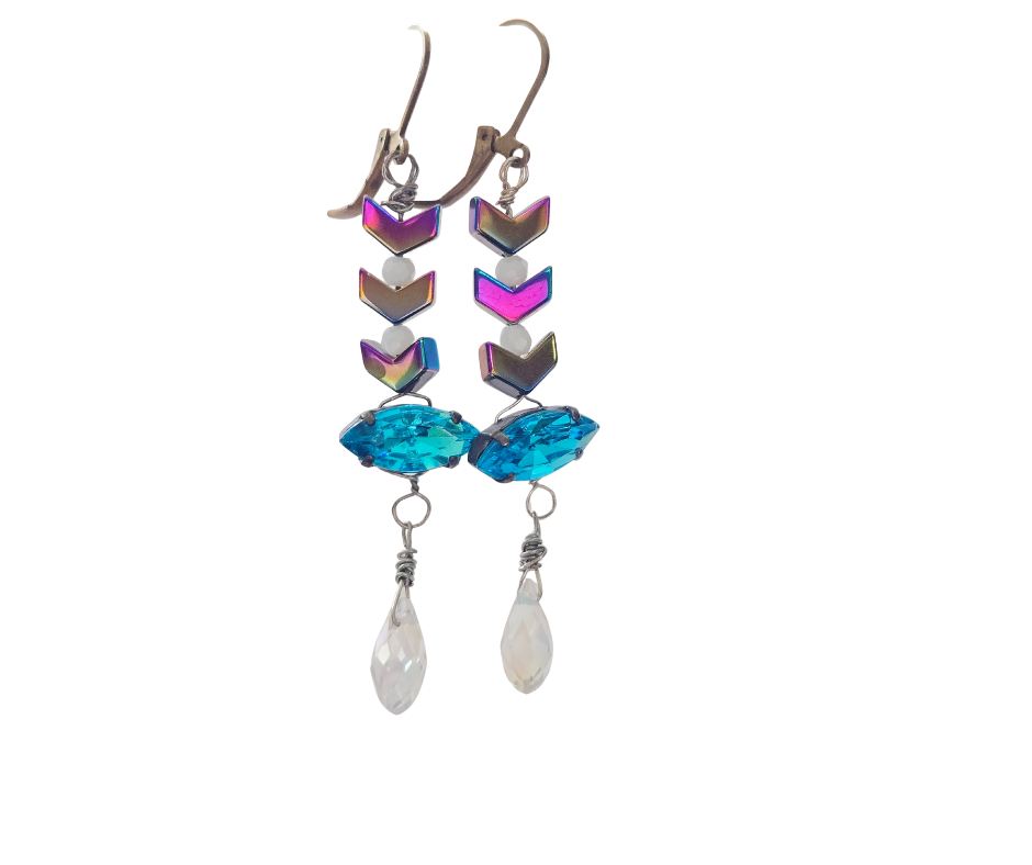 Chevron Bead Dangle Earrings with Blue Duo