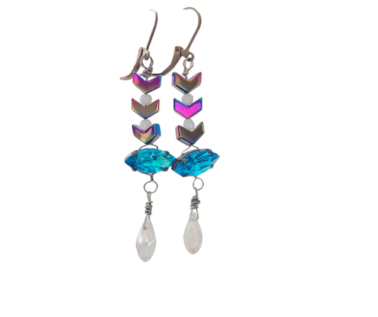 Chevron Bead Dangle Earrings with Blue Duo