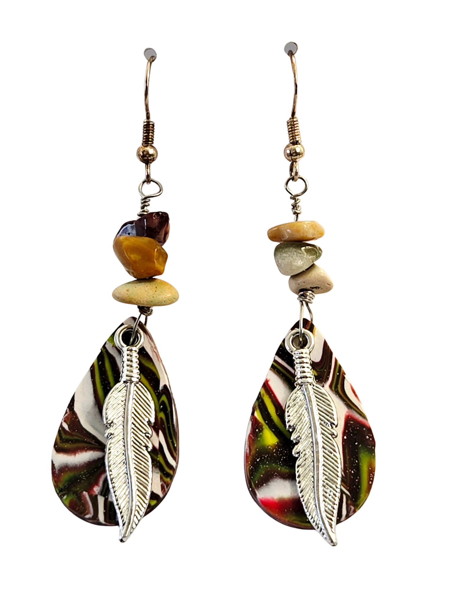 Polymer Clay & Silver Feather Earrings with Mookie Gemstones