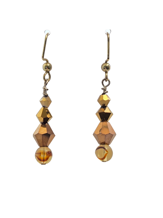 Gold Bicone & Brown Swirl Bead Drop Earrings