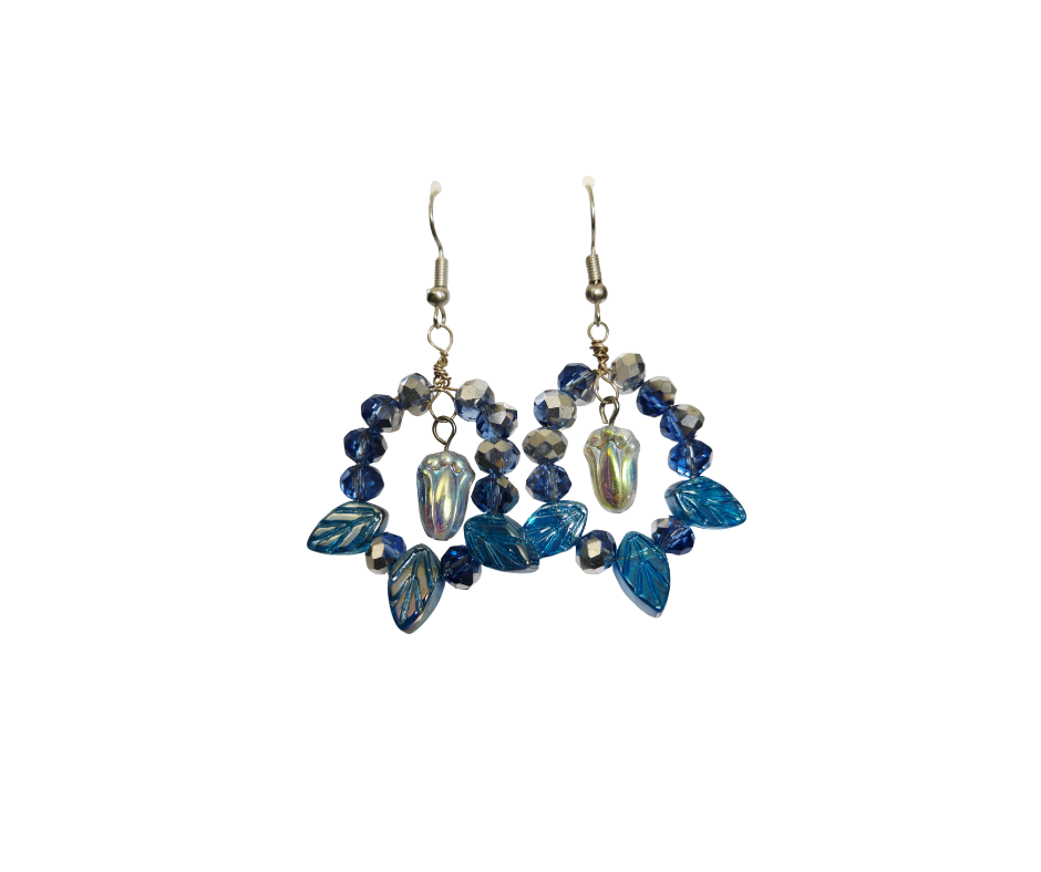 Blue Tulip & Leaf Glass Bead Earrings | Silver Wire Drops