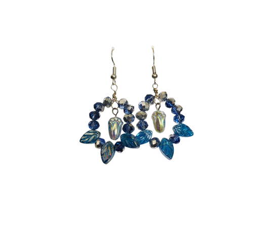 Blue Tulip & Leaf Glass Bead Earrings | Silver Wire Drops