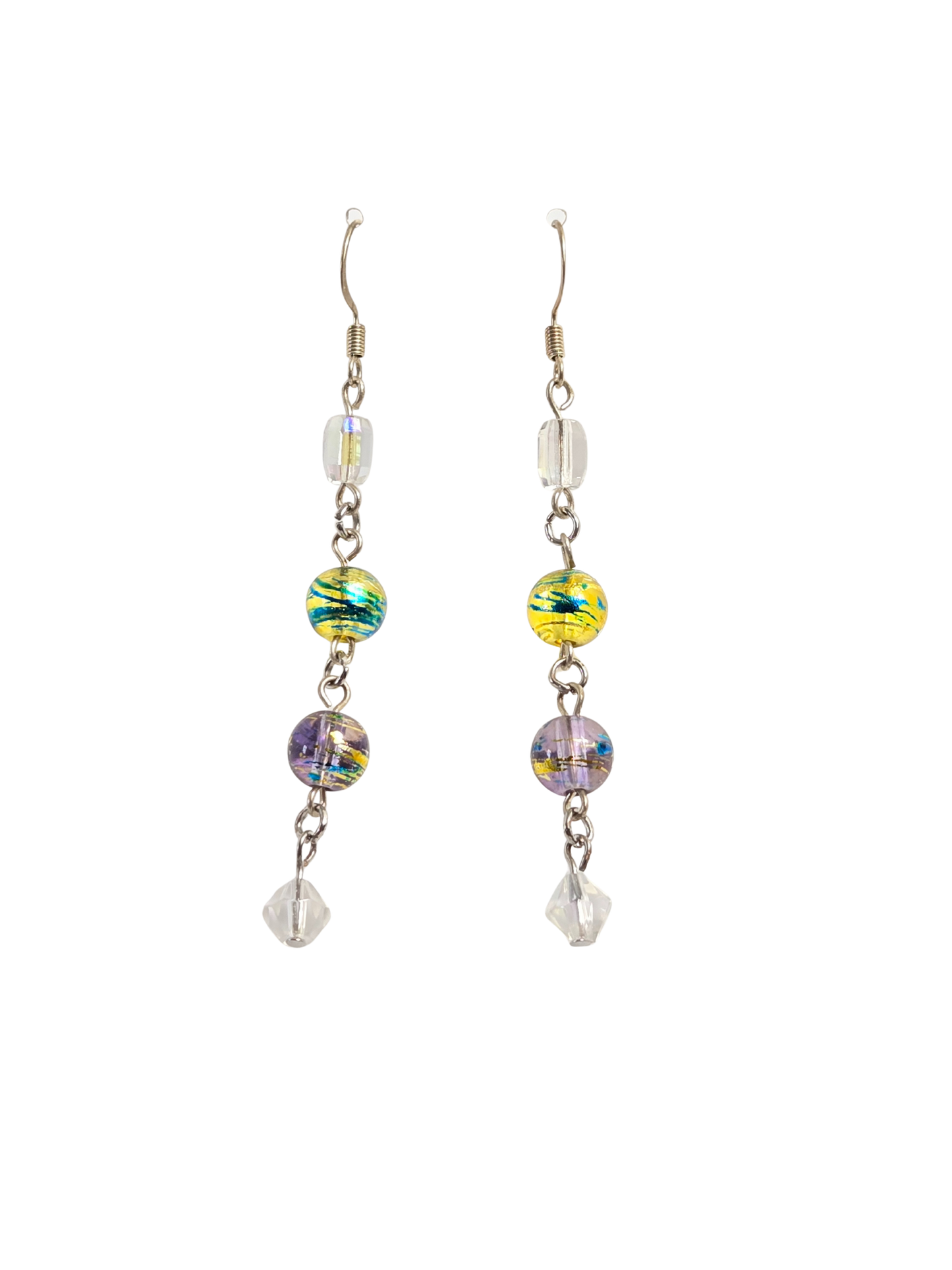 Yellow & Purple Striped Barrel Bead Dangle Earrings