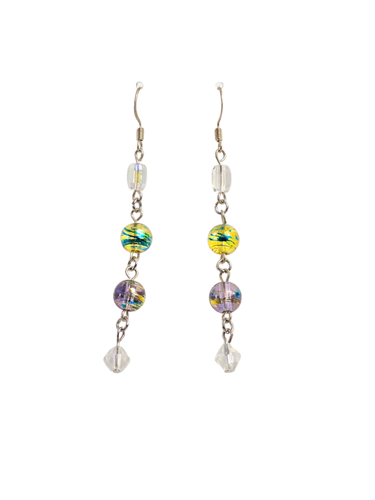Yellow & Purple Striped Barrel Bead Dangle Earrings