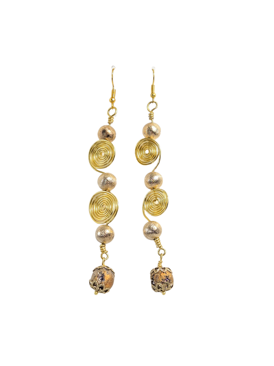 Gold Spiral Wire & Geode Bead Long Drop Earrings